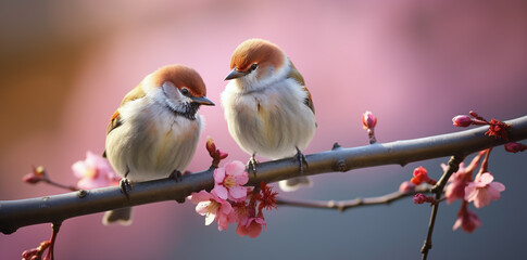 A couple of cute birds on a tree branch