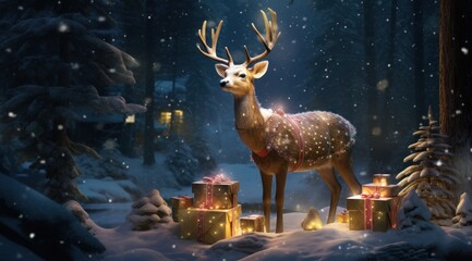 a deer with many presents sitting in the snow
