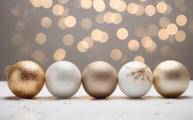 gold and white balls on a white and dark background