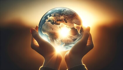 A pair of hands delicately holds a translucent globe with the continents illuminated by the light of the sunrise behind it.