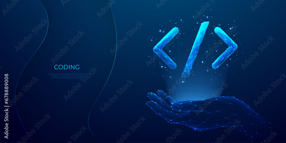 Leinwandbilder Abstract hand holding digital programming code symbol in futuristic light blue style on dark technology background. Java script and software development concept. Low poly wireframe vector illustration