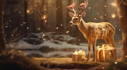 Fototapeta premium a christmas deer with gifts in the woods