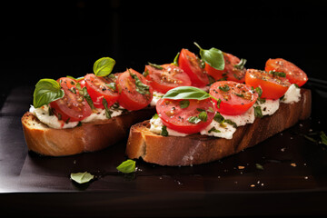 appetizer bruschetta with tomato, cheese and basil on a wood board