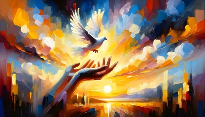 A vibrant abstract painting depicts a hand releasing a white dove into a sunburst sky above a cityscape at sunset. - obrazy, fototapety, plakaty