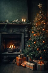christmas tree and wrapping gifts by the fireplace