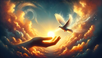 An open hand gently releasing a white dove into a magnificent sky with swirling clouds and the setting sun at the center.
