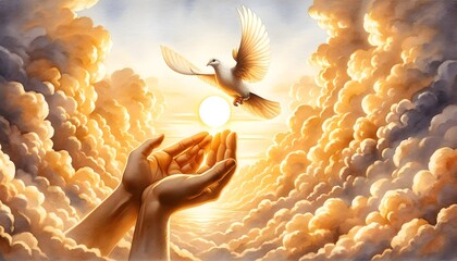 Open hands release a white dove into a golden sky filled with fluffy clouds, centered around a glowing sun. - obrazy, fototapety, plakaty