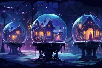 holiday in snow globes and lights , spatial concept art - obrazy, fototapety, plakaty