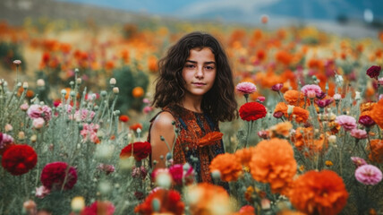 Naklejka premium Outdoor portrait of a young female model with dark brown hair standing in a vast field of colorful flowers.