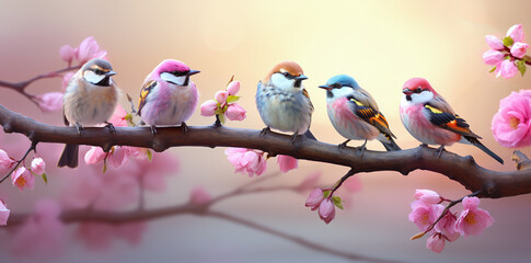 Some cute colorful birds on a tree branch