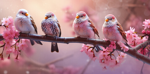 Some cute pink birds on a tree branch
