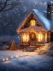 a cottage is painted in snow with lights and candlestick