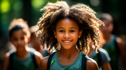Children in gym class. Little girl looking at the camera happy while training a sport. Children's runner. Preteens running a marathon. Sports guys. Concept of health, gymnastics, sport.
