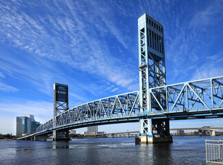 The Main Street Bridge in Jacksonville, Florida. The bridge uses trusses to lift up vertically,...