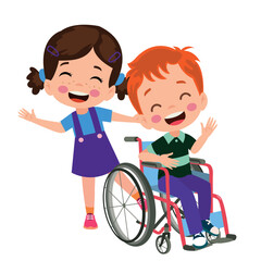 little kid sit on wheelchair and feel happy