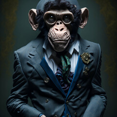 Portrait of a monkey wearing a suit as a businessman, humanization of animals to use on graphic design. Backdrop or wallpaper