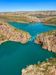 Canyon with blue lake on a sunny day in summer