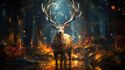 a magic festive reindeer covered in glowing lights in pine forest - obrazy, fototapety, plakaty