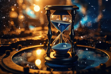 Hourglass on a celestial map symbolizing contemplation on time and future explorations  - obrazy, fototapety, plakaty