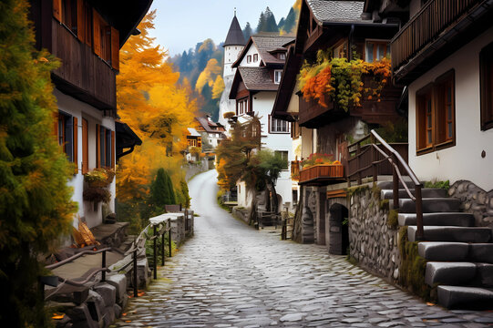 alley in quaint Alpine mountain village in Autumn