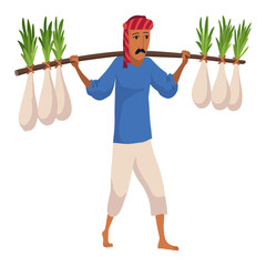 Indian farmer in traditional clothes. Rural man collect or harvesting. Rural business and village concept. Village rural character worker. Isolated vector illustration