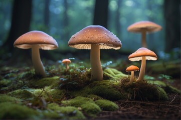 Fototapeta premium A giant mushrooms with bioluminescent caps dominate the landscape in a surreal environment - - AI Generative