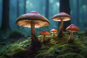 A giant mushrooms with bioluminescent caps dominate the landscape in a surreal environment -   - AI Generative