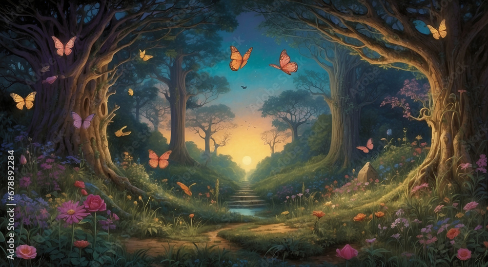 Poster a surreal image of a twilight garden, where sentient, luminescent butterflies flit about, casting sp