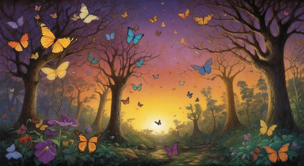 A surreal image of a twilight garden, where sentient, luminescent butterflies flit about, casting spells of vibrant colors - AI Generative