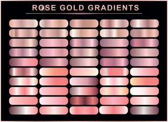 Set of gold rose foil texture. Collection of pink metallic textures isolated on black background. Vector illustration