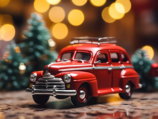 Retro toy red car with christmas tree. Marry Christmas and happy New year concept.