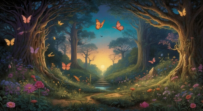 A surreal image of a twilight garden, where sentient, luminescent butterflies flit about, casting spells of vibrant colors - AI Generative