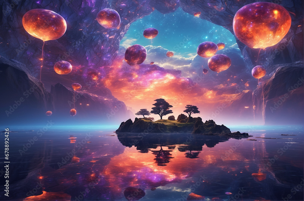 Poster a surreal landscape filled with floating islands made of crystal and glass, hovering above a sea of 