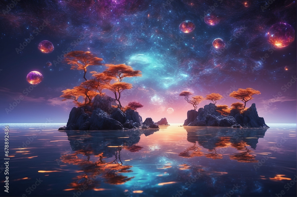 Poster a surreal landscape filled with floating islands made of crystal and glass, hovering above a sea of 