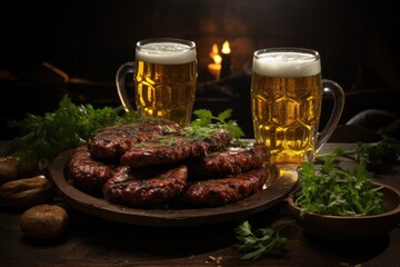Sausage Euphoria: Revel in the euphoria of Bavarian sausages and beer against a wooden backdrop, a feast for both the eyes and the taste buds