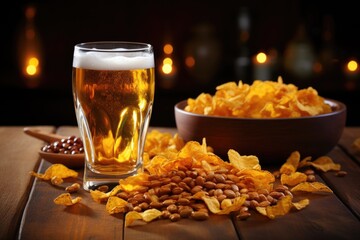 Wooden Cheers: Raise a wooden cheers to the simple joy of a beer moment, highlighting a glass of beer and savory pairing in a pub-style presentation