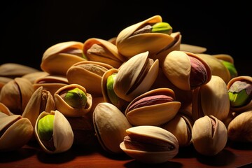 Obraz na płótnie Canvas Macro Bliss: Pistachios on Wooden Canvas: Indulge in macro bliss, with pistachios as the focal point, showcasing their blissful essence against a textured wooden canvas