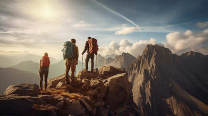 Fototapeta premium Sunrise over the mountains with friends hiking on the peek.