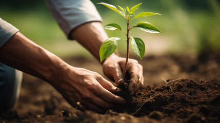 Close up of hands holding a plant and planting the tree into good soil. Sustainable lifestyle.