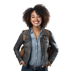 Black female smiling student standing up, body view, smiling, isolated on white, transparent background