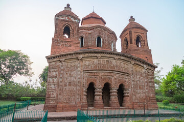 historic Shyam Rai temple also known as Pancha Ratna Temple in Bishnupur established in 1643 AD is a famous tourist destination - obrazy, fototapety, plakaty