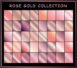 Obraz premium Set of gold rose foil texture. Collection of pink metallic textures isolated on black background. Vector illustration