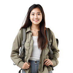 Asian female smiling student standing up, body view, smiling, isolated on white, transparent background