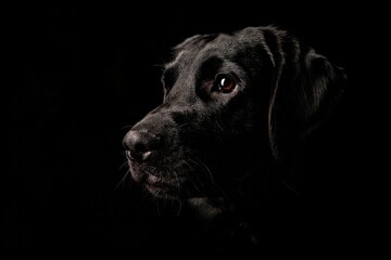 Closeup of the face of a black Labrador blended with the black background