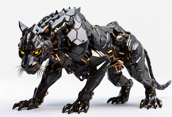 Futuristic, mechanical cybernetic panther isolated on a white background. Ideal for futuristic technology, robotics, cybernetics, mechanical animals, sci-fi creatures. - obrazy, fototapety, plakaty