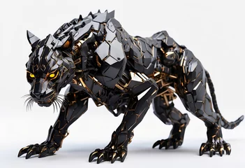Foto op Plexiglas Futuristic, mechanical cybernetic panther isolated on a white background. Ideal for futuristic technology, robotics, cybernetics, mechanical animals, sci-fi creatures. © ipolstock