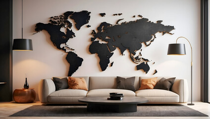 A contemporary living room an abstract world map as wall art. Perfect for interior design, global concept decor, modern wall decoration. - Powered by Adobe