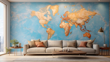 A contemporary living room an abstract world map as wall art. Perfect for interior design, global concept decor, modern wall decoration.