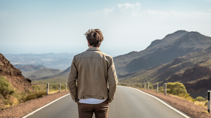 Man standing on the mountain road, travel through beautiful scenery. Male traveler enjoying scenic landscape during road trip. Planning your future concept