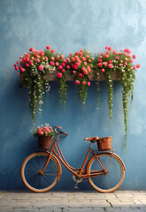A vintage bicycle leaning against a wall, with beautiful climbing flowers. Ideal for nostalgic, countryside, rustic, vintage, floral, leisure, and cycling concepts.